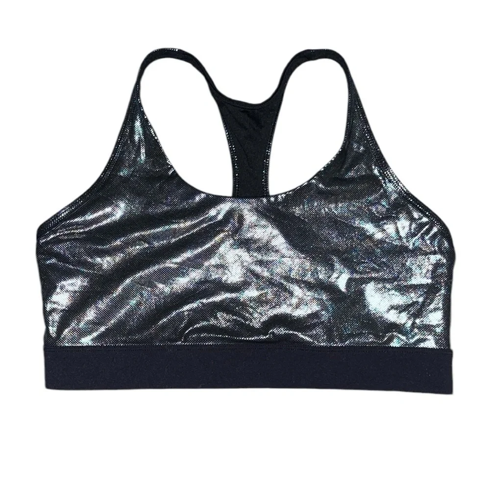 ZYIA Gunmetal Disco Ball Oil Slick‎ Luxe Sports Bra Metallic Silver